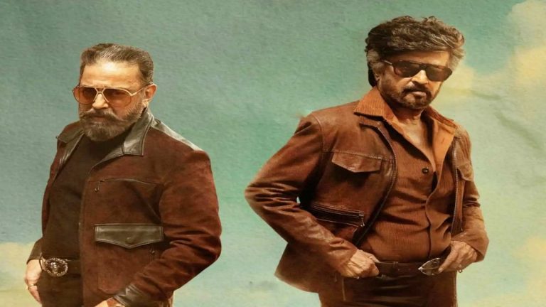 Legends of Indian cinema Rajinikanth and Kamal Haasan during a promotional photo shoot directed by cinematographer Rajiv Menon.