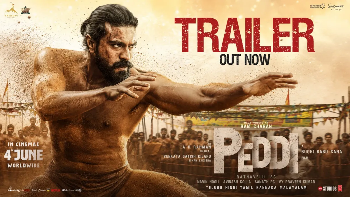 The official high-intensity movie poster of global star Ram Charan from his upcoming pan-Indian film Peddi directed by Buchi Babu Sana.