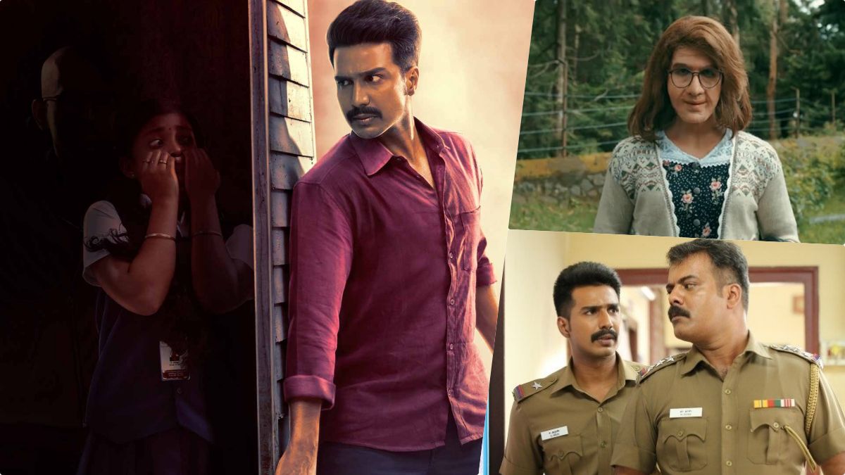 A collage of iconic scenes from the thriller Ratsasan featuring Vishnu Vishal's intense investigation and the haunting mask of the psycho killer Christopher.