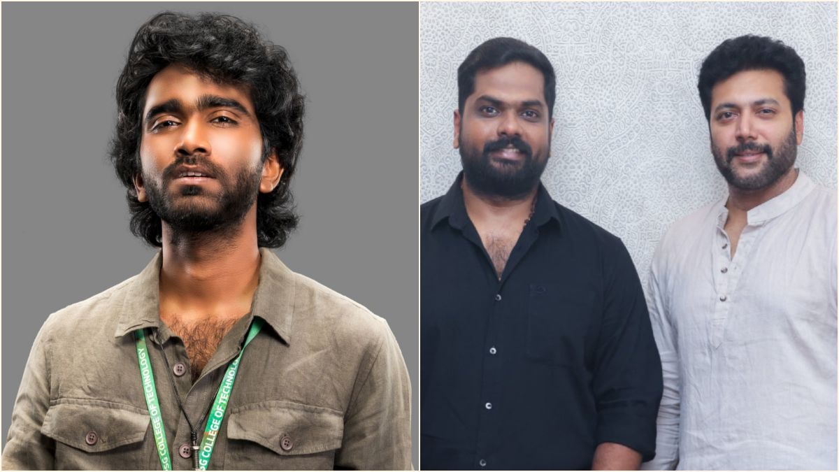 A horizontal triple-portrait entertainment news banner featuring actor Ravi Mohan, filmmaker Karthik Yogi, and youth icon Pradeep Ranganathan.