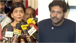Split image of actor Ravi Mohan speaking at the press meet and producer Sujatha Vijayakumar responding to allegations.