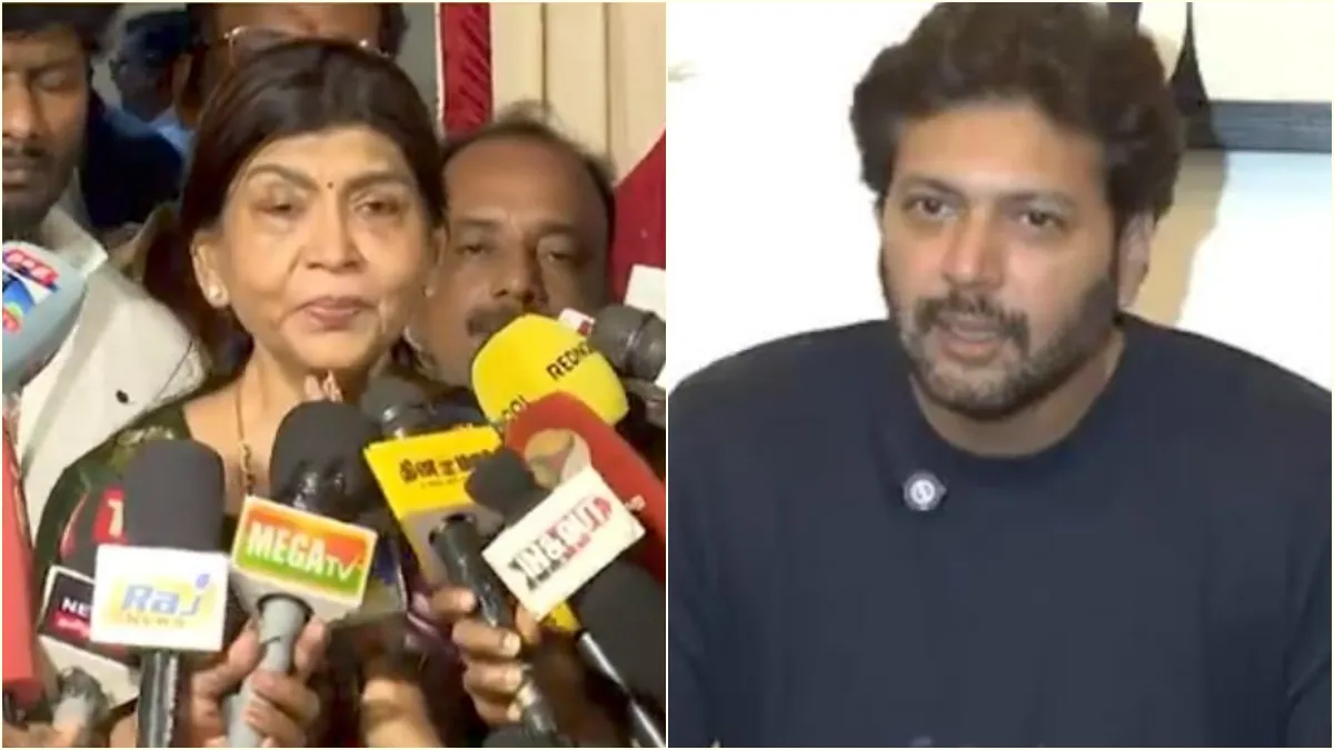 Split image of actor Ravi Mohan speaking at the press meet and producer Sujatha Vijayakumar responding to allegations.