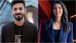 Compilation photo of music director Anirudh Ravichander and Sunrisers Hyderabad owner Kavya Maran discussing their rumored wedding.