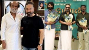 A custom vertical split banner layout showcasing actor Sivakarthikeyan from his country look in Seyon and a silhouette design of superstar Rajinikanth for Thalaivar 173.