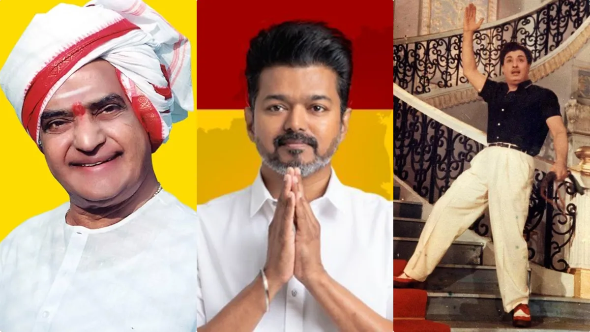 Infographic showing the debut election performance comparison of South Indian actors Vijay, NTR, MGR, Chiranjeevi, Vijayakanth, and Pawan Kalyan.