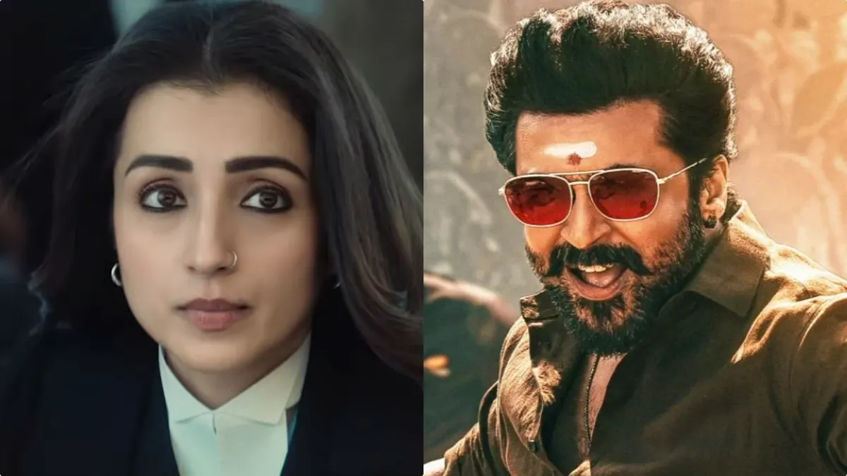 Actor Suriya as Saravanan/Karuppu in the official trailer announcement poster for RJ Balaji's film.