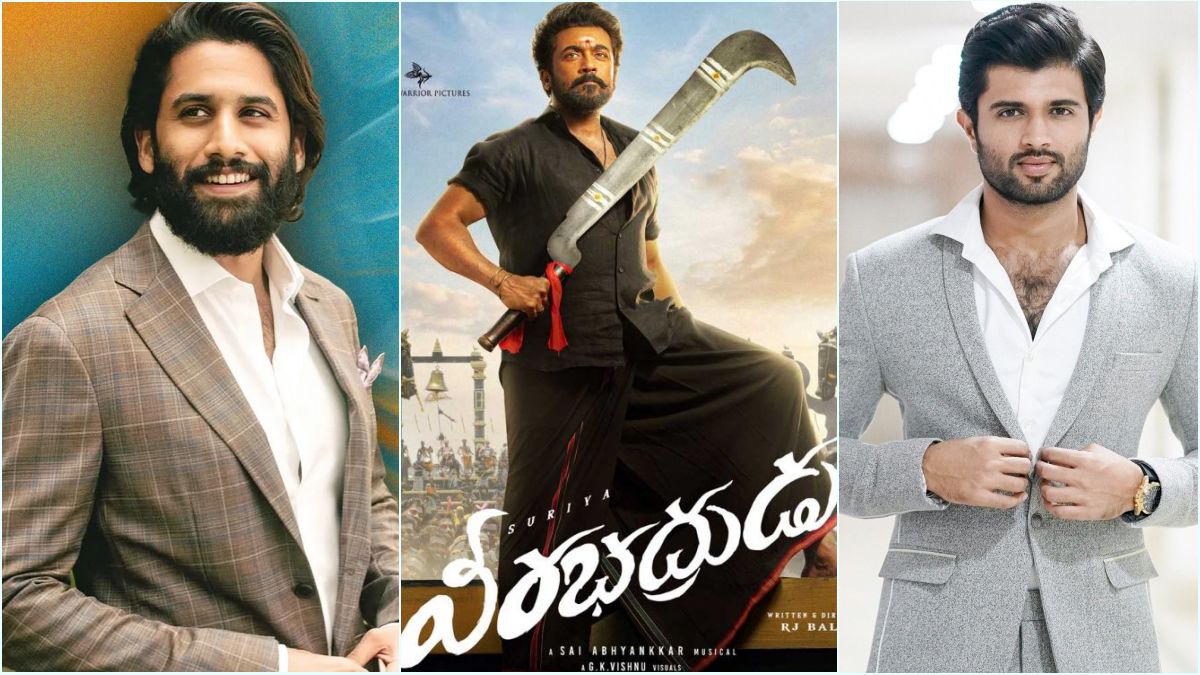 Tollywood Goes Crazy For Suriya! — "ஆந்திராவிலும் அசுர ஆட்டம்!" — சூர்யாவின் 'வீரபத்ருடு' படத்திற்கு திரண்ட பாசிட்டிவ் விமர்சனங்கள்; வாழ்த்தி தள்ளிய நாக சைதன்யா & விஜய் தேவரகொண்டா! 1 Actor Suriya in his Veerabhadrudu look alongside text templates of congratulatory tweets from Tollywood stars Naga Chaitanya and Vijay Deverakonda.
