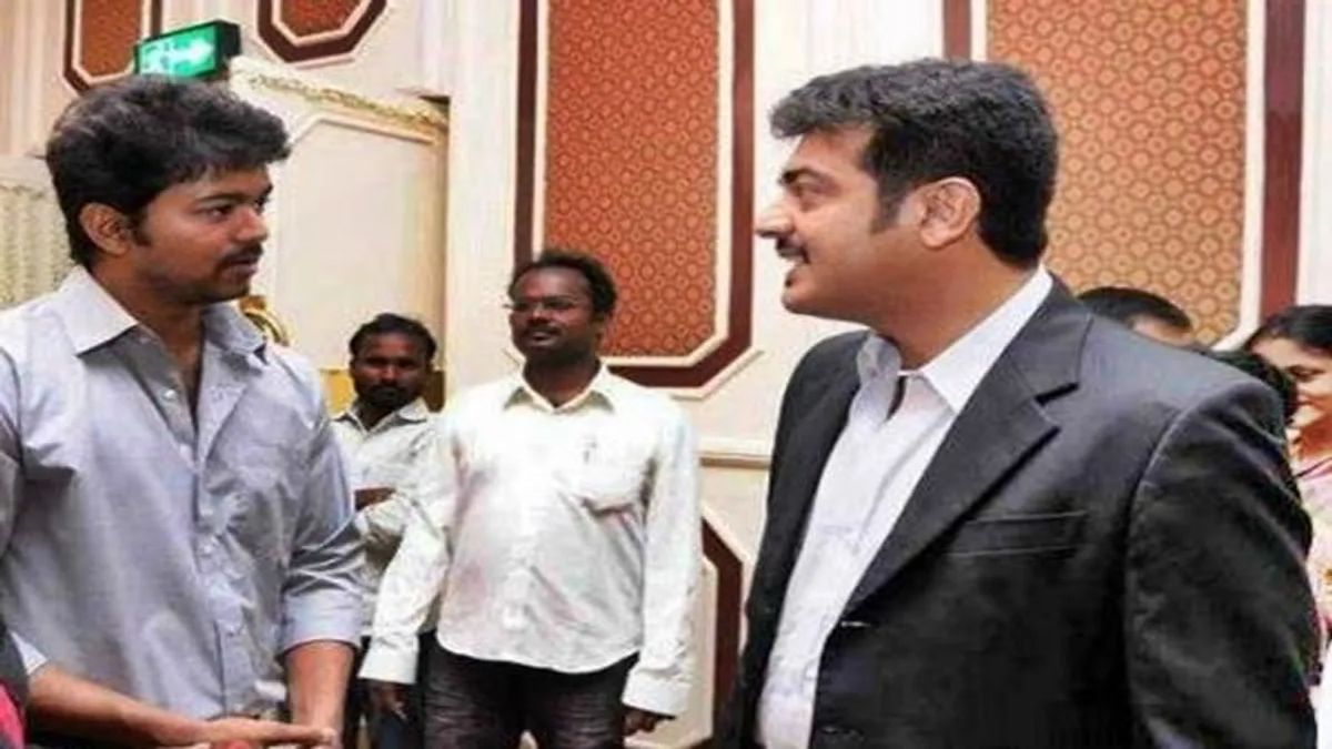 Actors Thalapathy Vijay and Ajith Kumar together, showcasing their long-standing friendship in the Tamil film industry.