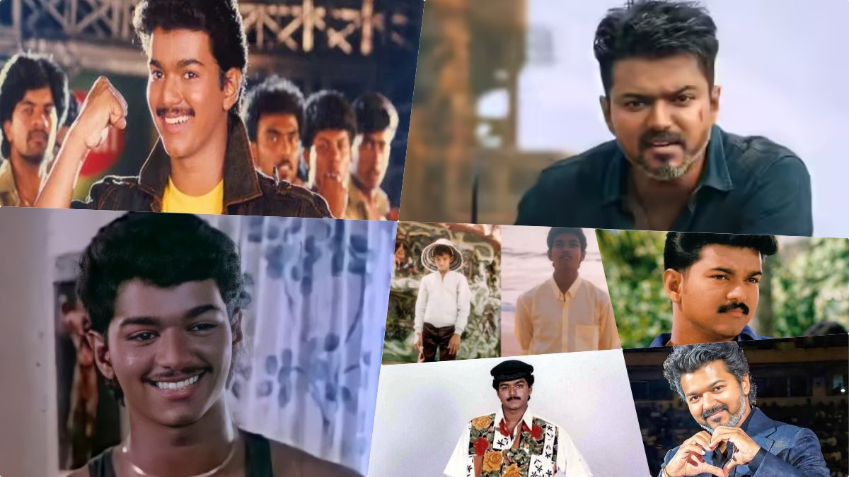 A comprehensive photo collection of Thalapathy Vijay showcasing his historic 2026 election victory appearance in a white shirt alongside iconic movie looks from Ghilli, Thuppakki, and Leo.