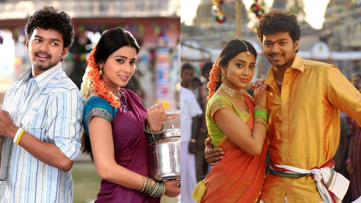Vijay and Shriya Saran performing a dance sequence in a colorful song from the movie Azhagiya Tamil Magan.
