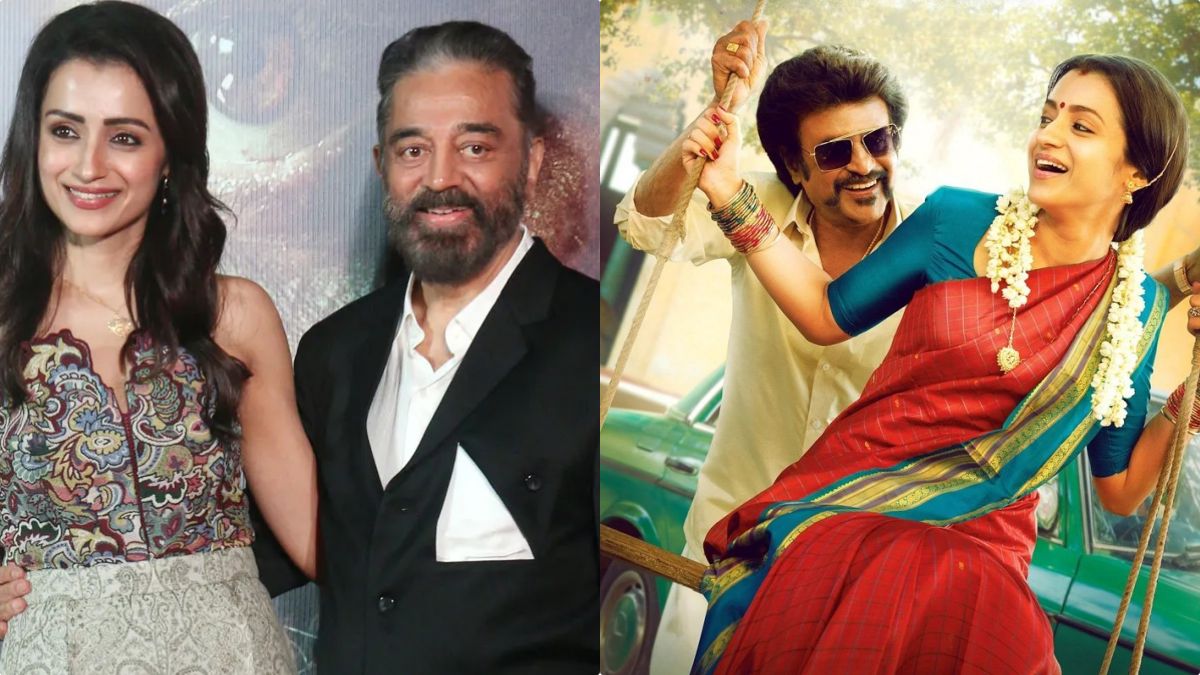 Collage of Trisha with Kamal Haasan from Thug Life and her iconic still with Rajinikanth from Petta for their upcoming Nelson directorial venture.