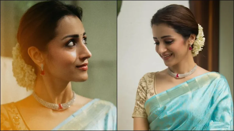 Actress Trisha Krishnan's aesthetic post featuring a blue heart emoji and a message about love.