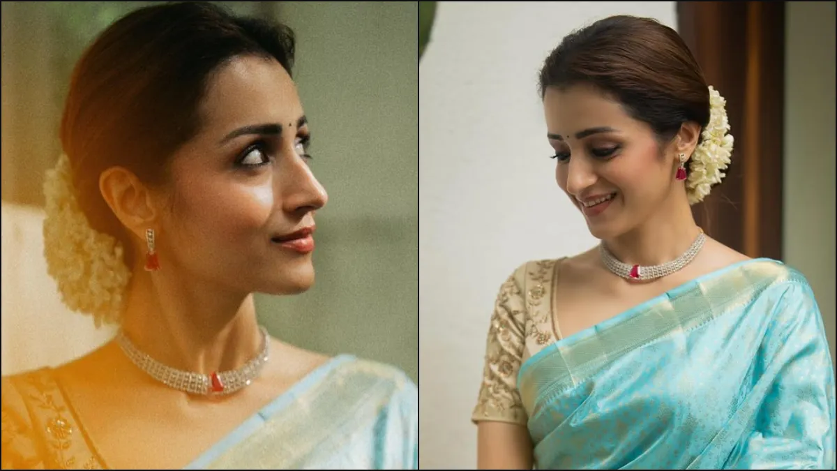 Actress Trisha Krishnan's aesthetic post featuring a blue heart emoji and a message about love.