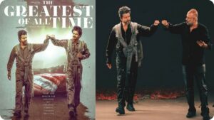 A high-intensity cinematic still of Actor Vijay from the movie 'The GOAT' (The Greatest of All Time).