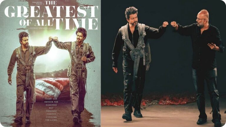 A high-intensity cinematic still of Actor Vijay from the movie 'The GOAT' (The Greatest of All Time).