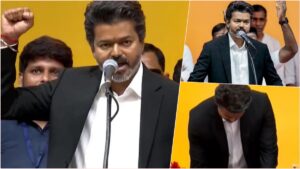 A graphic featuring two distinct clicks of C. Joseph Vijay during his official oath ceremony as the Chief Minister of Tamil Nadu on May 10, 2026.
