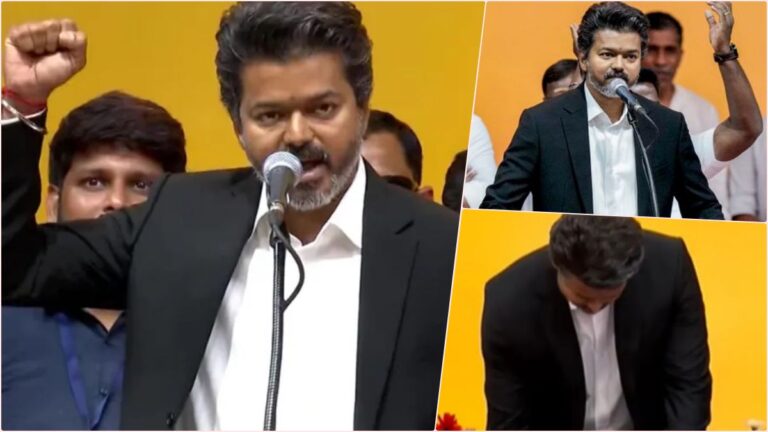 A graphic featuring two distinct clicks of C. Joseph Vijay during his official oath ceremony as the Chief Minister of Tamil Nadu on May 10, 2026.