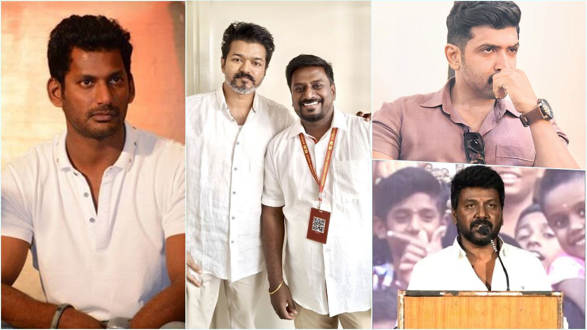 A political conflict graphic poster split into three vertical sections, featuring actor Vishal, actor Arun Vijay, and actor-director Raghava Lawrence. The layout visually represents the conflicting opinions regarding the selection of Minister Rajmohan by Tamil Nadu CM Joseph Vijay.