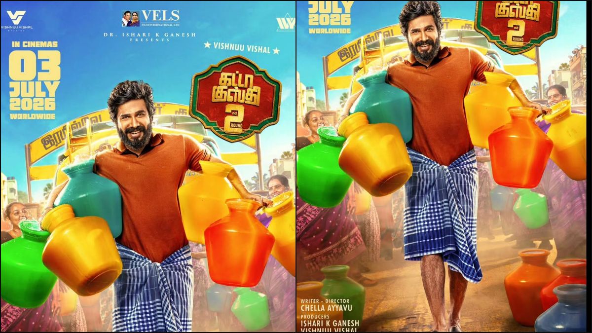 Official first look poster of Gatta Kusthi 2 movie featuring Vishnu Vishal in a wrestling attire, confirming the July 3, 2026 release date.