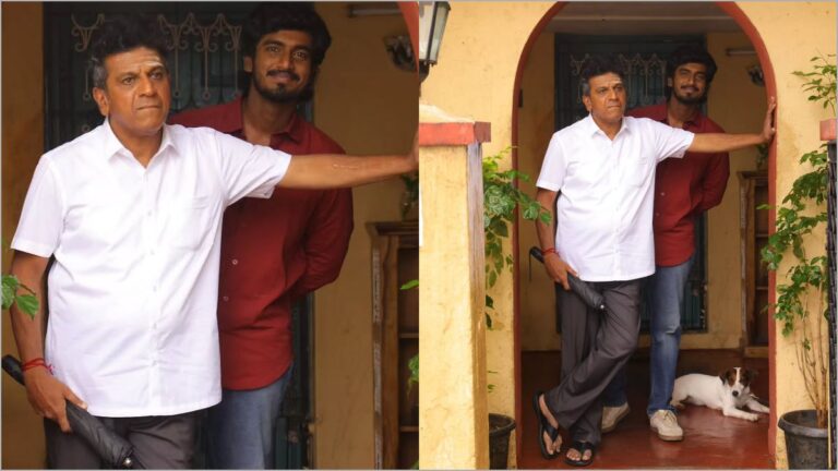 Actor Abishan Jeevinth facing the camera for his official first shot alongside legendary Kannada actor Shiva Rajkumar on the sets of Drama Company Production No 1.