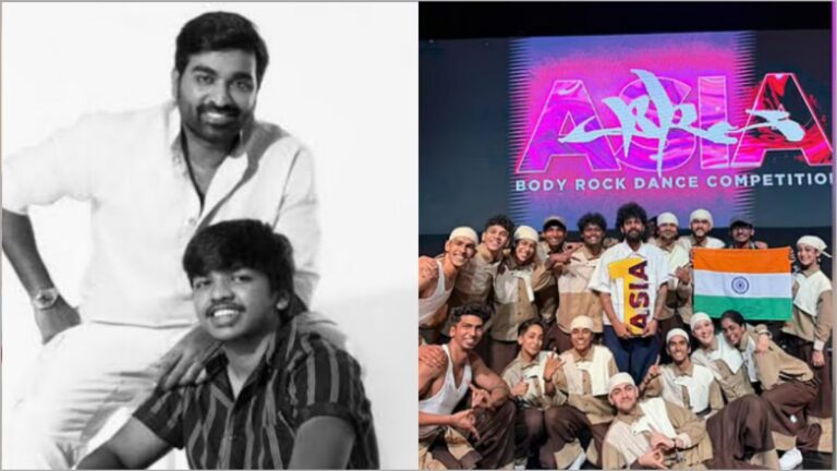 ctor Vijay Sethupathi son Suriya Sethupathi assistance provided to Crew 8e1 dance team and coach Sandy Sundar for Body Rock USA 2026 World Finals.
