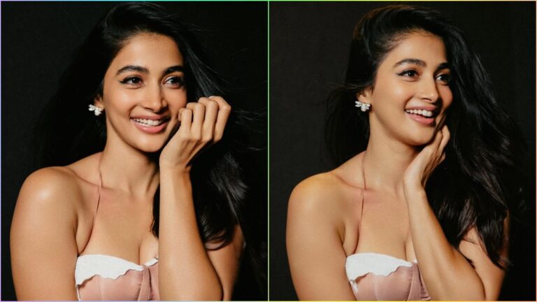 Actress Pooja Hegde looking elegant during a recent media interaction while delivering a reality check about social media hype versus box office power.