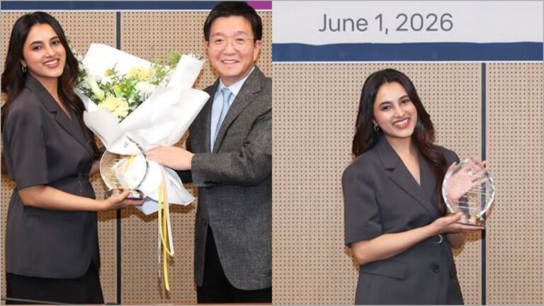 Actress Priyanka Mohan receiving the Honorary Ambassador award from the President of Korea Tourism Organization after Made in Korea movie success.