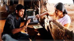 Vertical split image tracking actress Amala Paul and director Sarkunam discussing archival validation data from Vaagai Sooda Vaa movie rehearsal rooms.
