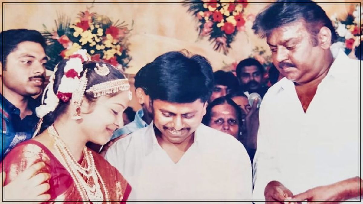 Director AR Murugadoss sharing his archival marriage ceremony photo featuring late actor politician Captain Vijayakanth and Premalatha blessing the couple.