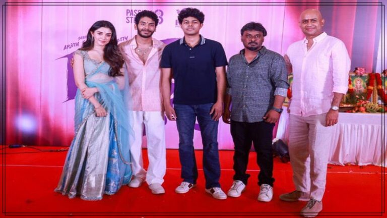 Director Shankar son Arjith Shankar along with director H Vinoth and Jason Sanjay during the official movie launch event of Lover Boy.