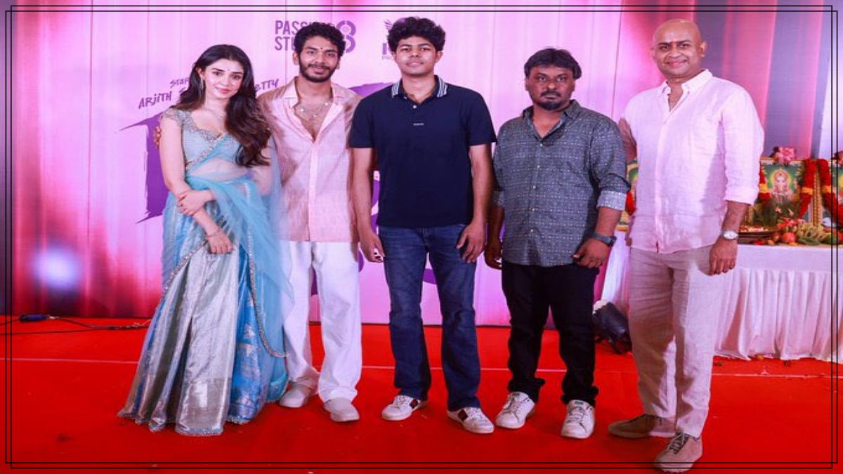 Director Shankar son Arjith Shankar along with director H Vinoth and Jason Sanjay during the official movie launch event of Lover Boy.