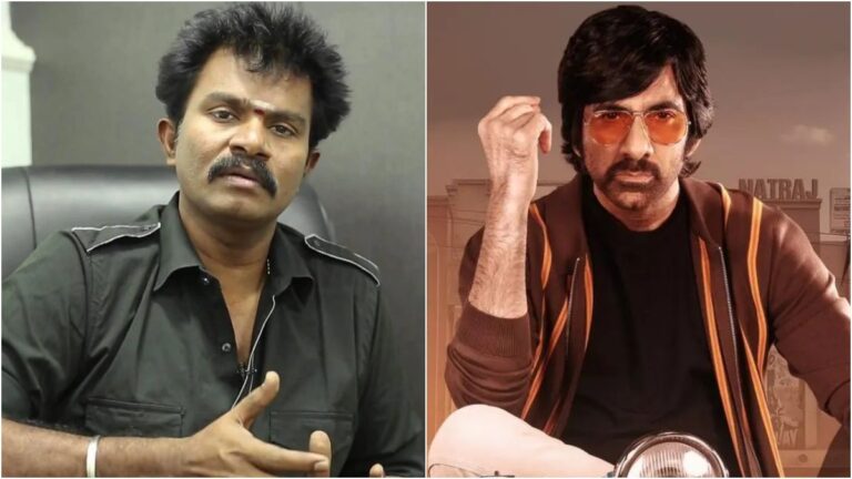 Action director Hari alongside Telugu star Mass Maharaja Ravi Teja discussing an upcoming high energy commercial action screenplay.