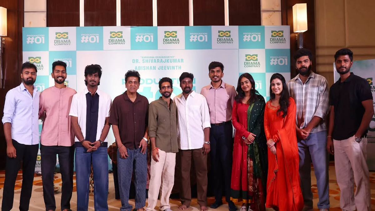 Director Gowtham Sivaraman and music director Leon James attending Drama Company Production No 1 movie official launch pooja ceremony.