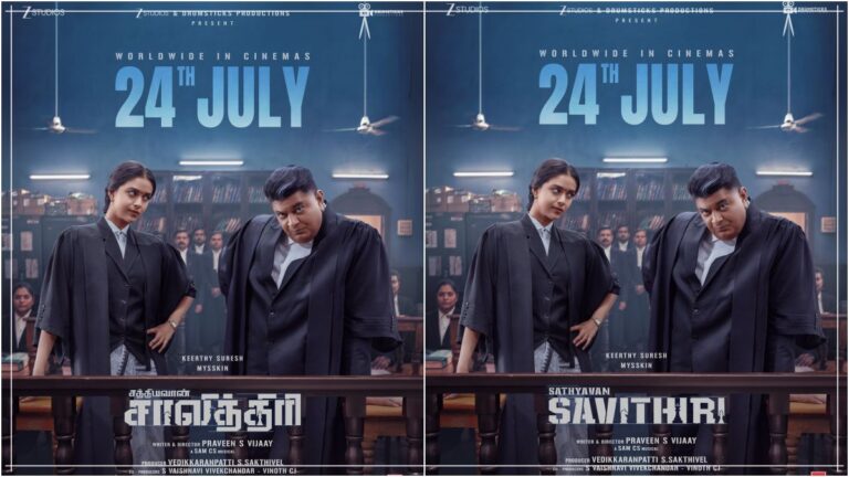 Actress Keerthy Suresh and director Mysskin dressed as professional advocates in courtroom setup from Sathyavan Savithiri movie.