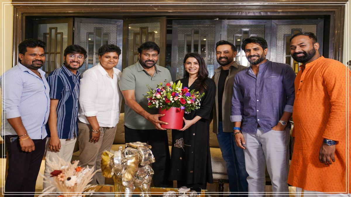 "புடவை கட்டிக்கிட்டு சாடிசம் பண்ற சீன் அற்புதம்!".. 'மா இண்டி பங்காரம்' டீமிற்கு மெகாஸ்டார் கொடுத்த மெகா வாழ்த்து.. சமந்தா - ராஜ் தம்பதியின் 'புதிய சாப்டரை' வரவேற்ற சிரஞ்சீவி! 1 Megastar Chiranjeevi presenting a traditional gift package to actress Samantha Ruth Prabhu and director Raj Nidimoru during a private congratulatory meet.
