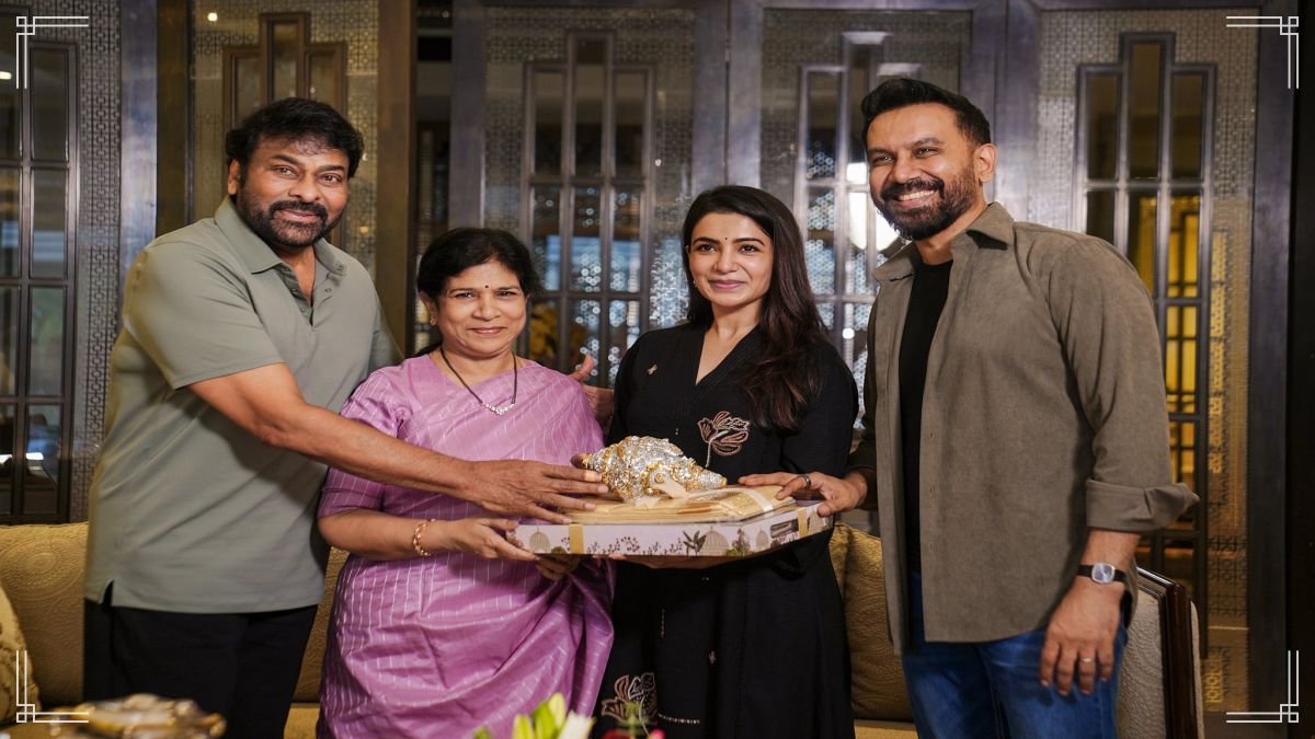 Megastar Chiranjeevi along with his wife Surekha gifting a traditional saree to actress Samantha and greeting director Raj Nidimoru for Maa Inti Bangaaram success.