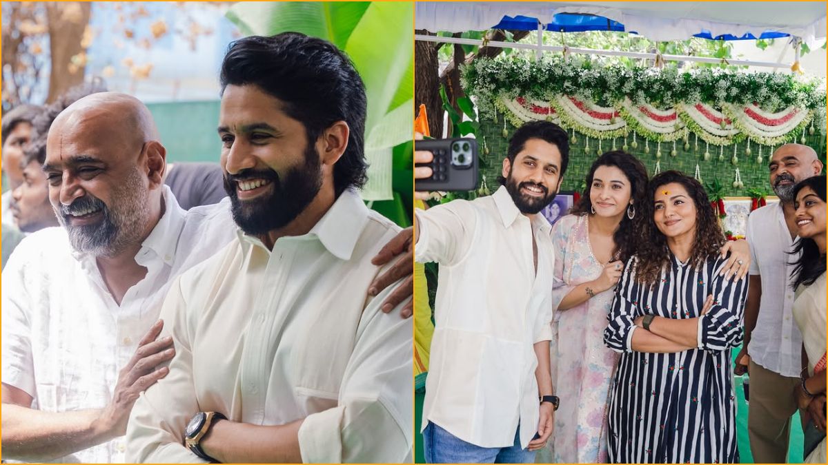 Close-up of the traditional setup and script clapboard during the auspicious launch event of Naga Chaitanya's debut production Dhootha 2.