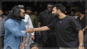 Mega Powerstar Ram Charan spending emotional time with his father Megastar Chiranjeevi on the official shooting sets of Mega 158 movie.