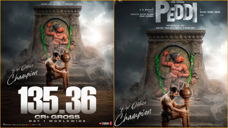 Mega Power Star Ram Charan starrer sports drama movie Peddi registers a massive opening crossing 100 crore gross worldwide on Day 1.