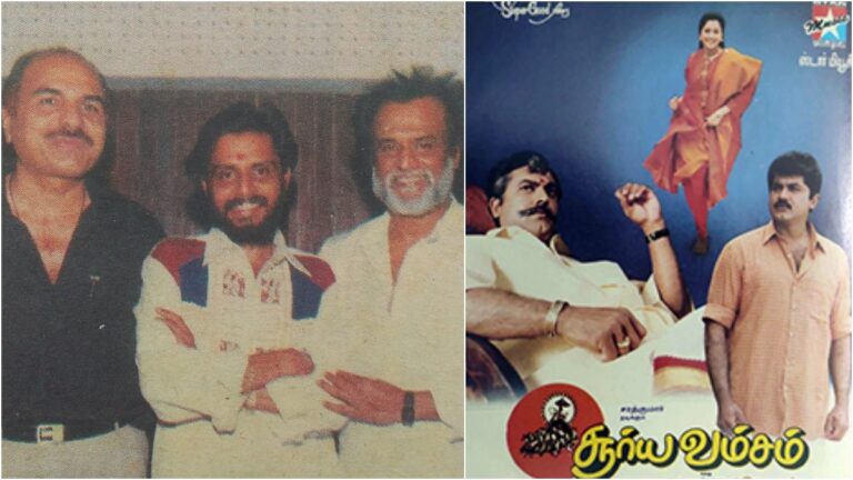 Archival profile photo of producer RB Choudary alongside a creative layout of director Vikraman's blockbuster movie Suryavamsam validating structural casting options.