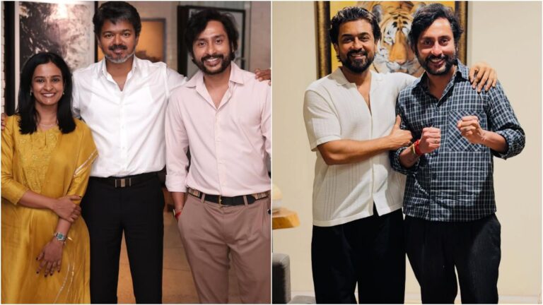 Director RJ Balaji alongside Tamil Nadu Chief Minister Vijay during their recent high profile formal meeting celebrating the box office success of Karuppu movie.