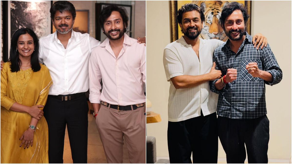 Director RJ Balaji alongside Tamil Nadu Chief Minister Vijay during their recent high profile formal meeting celebrating the box office success of Karuppu movie.