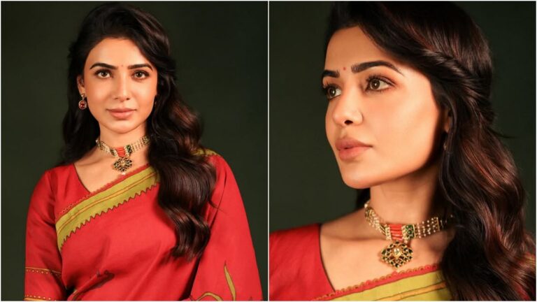 Actress Samantha speaking emotionally holding a mic during her upcoming movie press meet at Satyam Theatre Chennai.