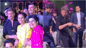Bollywood superstar Shah Rukh Khan performing his iconic Koi Mil Gaya dance step with bride Revati Sule and groom Sarang Lakhani at the sangeet ceremony in Mumbai.