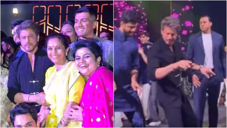 Bollywood superstar Shah Rukh Khan performing his iconic Koi Mil Gaya dance step with bride Revati Sule and groom Sarang Lakhani at the sangeet ceremony in Mumbai.