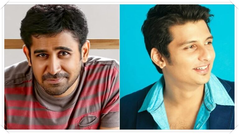Multi-split portrait tracking actor Jiiva and Vijay Antony highlighting the new profit sharing model trend in contemporary Tamil cinema business.