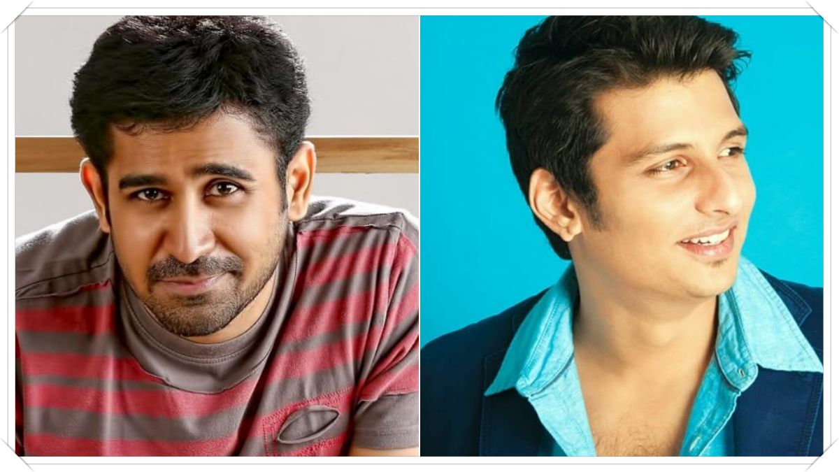 Multi-split portrait tracking actor Jiiva and Vijay Antony highlighting the new profit sharing model trend in contemporary Tamil cinema business.