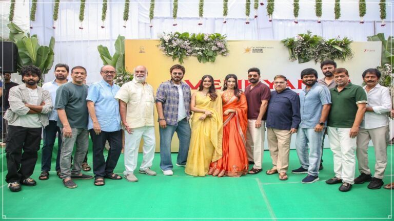 Actors Victory Venkatesh, Nandamuri Kalyan Ram, and Director Anil Ravipudi during the official pooja ceremony of VenkyAnil5 NKRAR2 project.
