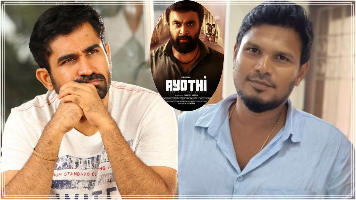 Actor Vijay Antony and Ayothi director Mandhira Moorthy discussing the script layout highlighting intense body transformation chart metrics.