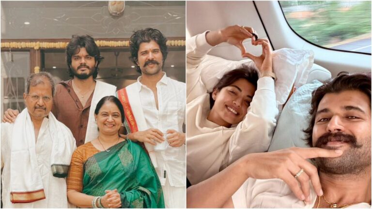 Newlywed couple Vijay Deverakonda and Rashmika Mandanna travelling together to his father's native village Thummanpet to reward 180 merit government school students.